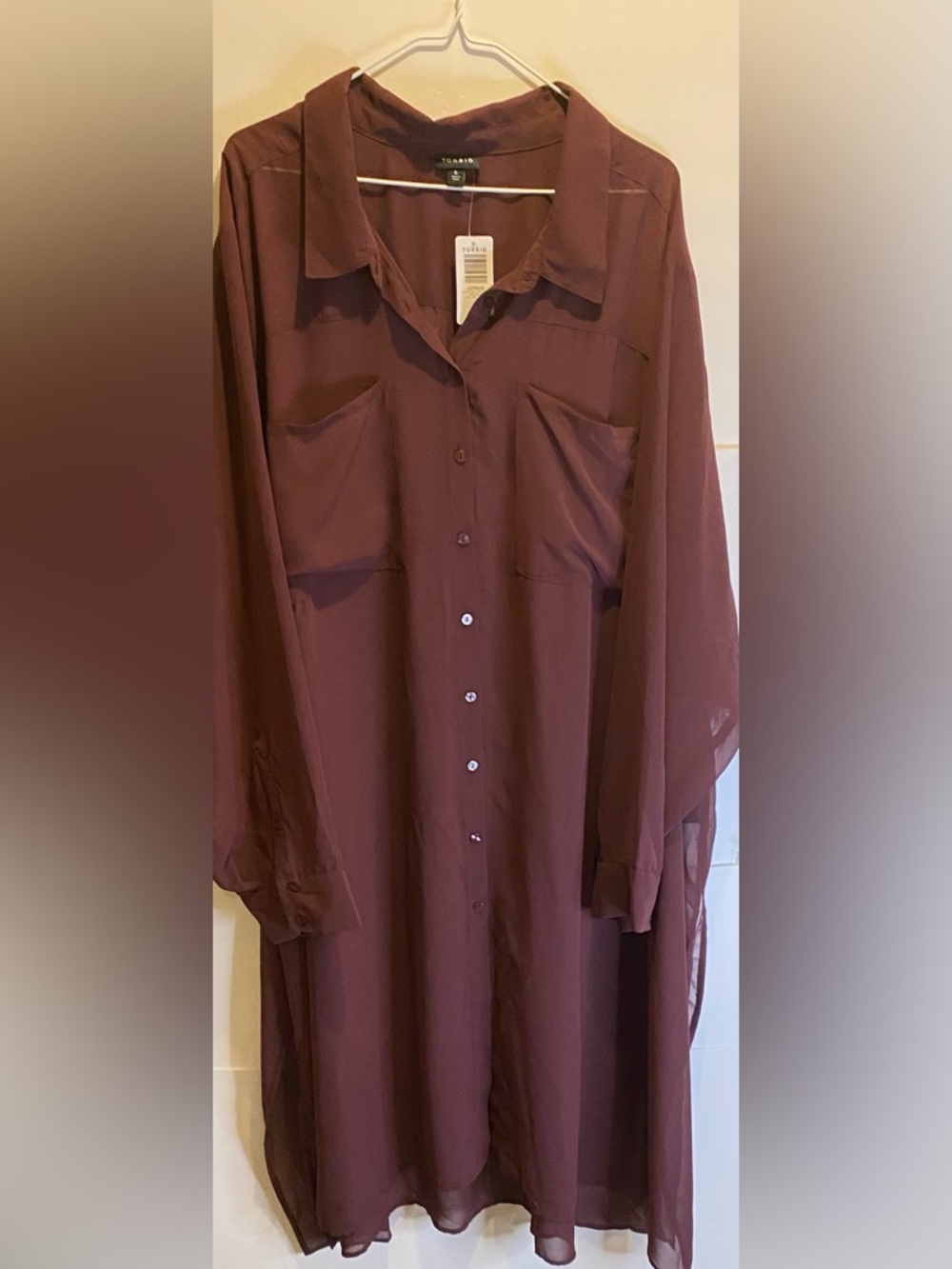 NWT Torrid Burgundy Chiffon Button Up Long Sleeve Shirt Dress Tunic - Size 6 / 6